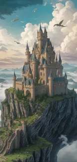 Fantasy castle on a rocky cliff surrounded by clouds and sky.