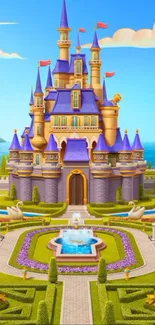 Majestic fantasy castle with colorful flags and beautiful gardens under a clear blue sky.