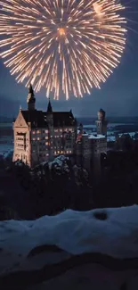 Fairytale castle with fireworks over dark night sky.