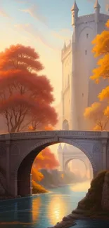 Majestic castle with autumn trees and bridge over a serene river.