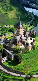 Medieval castle surrounded by lush greenery in a serene valley.