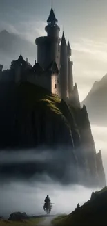 A majestic castle shrouded in mist against a mountain backdrop, perfect for wallpaper.