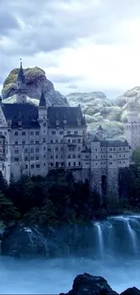 Majestic castle surrounded by misty mountains and waterfalls in a fantasy landscape.