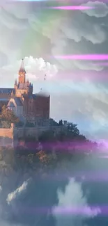 Majestic castle surrounded by clouds and pink light streaks, in a dreamy landscape.