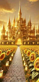 Golden castle surrounded by sunflowers under a sunny sky.