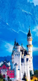 Enchanted castle with mountains in blue hues, creating a serene phone wallpaper.