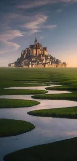 Majestic castle rising above green fields with a winding river below.