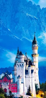 Majestic castle with mountain backdrop, vibrant blue sky.