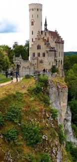 Majestic castle perched on a cliff with lush green surroundings.
