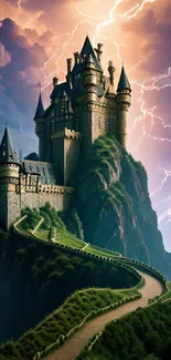 Fantasy castle on a cliff with a stormy sky and lightning.