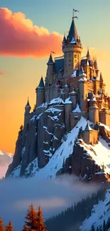 Magical castle on a snowy mountain at sunset, ideal for mobile wallpaper.