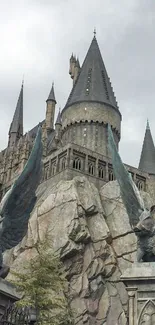 Majestic stone castle with gothic towers set against a cloudy sky.