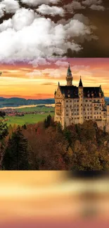 Majestic castle at sunset with vibrant orange sky and lush landscape.