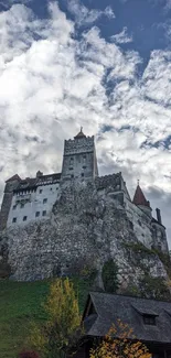 Majestic castle with cloudy sky background.