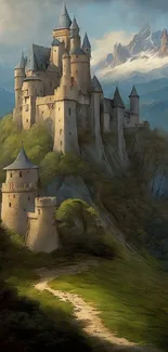 Majestic castle on a scenic hill with mountains in the background.