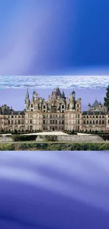 Majestic castle with blue sky background.