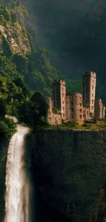 Majestic castle atop a cliff with a waterfall in lush green landscape.