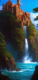 Majestic castle perched on cliff with cascading waterfall.