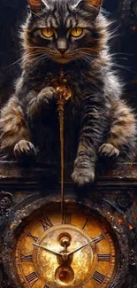 A majestic cat sits atop an ornate clock with a steampunk style.