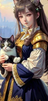 Lady with cat ears holding a cat in fantasy castle setting.