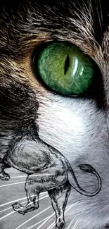 A close-up of a cat's green eye with a lion illustration overlaying.