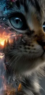 Fantasy cat and waterfall phone wallpaper
