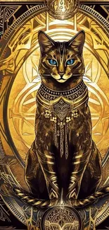 Art deco cat in gold tones, ornate design.