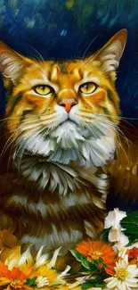 Majestic cat painting with flowers in vibrant colors.