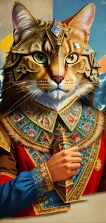 Regal cat in armor with a scenic mountain background, blending fantasy and realism.