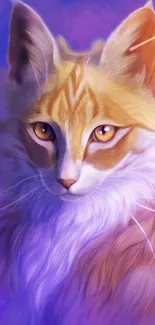 Artwork of a regal cat with orange fur on a vibrant purple background.