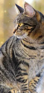 Tiger-striped cat in an autumn setting with soft focus background.