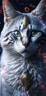 Majestic cat with tribal designs and mystical lighting.