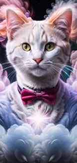 Elegant cat in fantasy clouds with colorful bow tie.