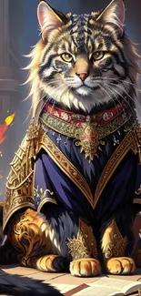 Fantasy art of a regal cat in ornate attire with fiery background for phone wallpaper.