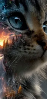 Majestic cat with fantasy landscape in artful wallpaper.