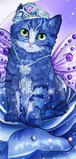 A majestic cat with wings on a blue flower, under a purple sky.