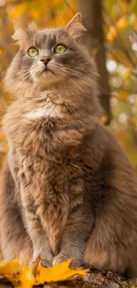 Majestic fluffy cat sitting among autumn leaves in a forest backdrop.