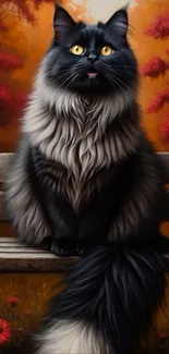 Majestic black and grey cat on bench in autumn setting.