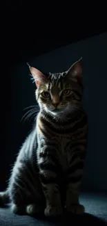 Dark tabby cat sitting in dim light.