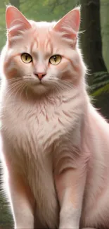 Majestic pinkish cat in a green enchanted forest wallpaper.