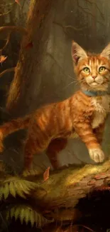 Majestic orange cat in a mystical forest setting with rich, warm tones.