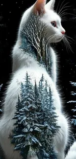 Artistic white cat with forest theme on mobile wallpaper.