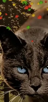 Close-up of a cat with blue eyes in a forest backdrop.