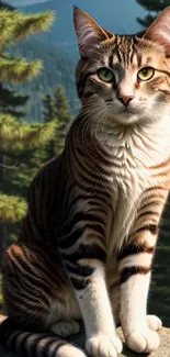 Majestic tabby cat in a lush forest setting, perfect for wallpaper.