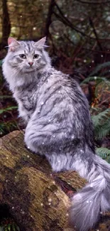 Gray cat on a mossy log in a lush forest scene.