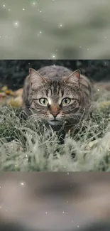 A tabby cat with green eyes lying in dewy grass with a sparkle effect.