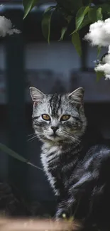 Majestic cat sitting quietly in a lush garden setting.