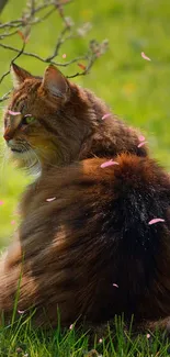 Majestic cat lounging in green grassy meadow.