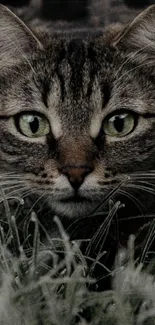 Close-up of a cat with green eyes in grass wallpaper.