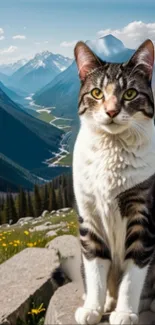 Majestic cat in front of mountain landscape with clear sky.